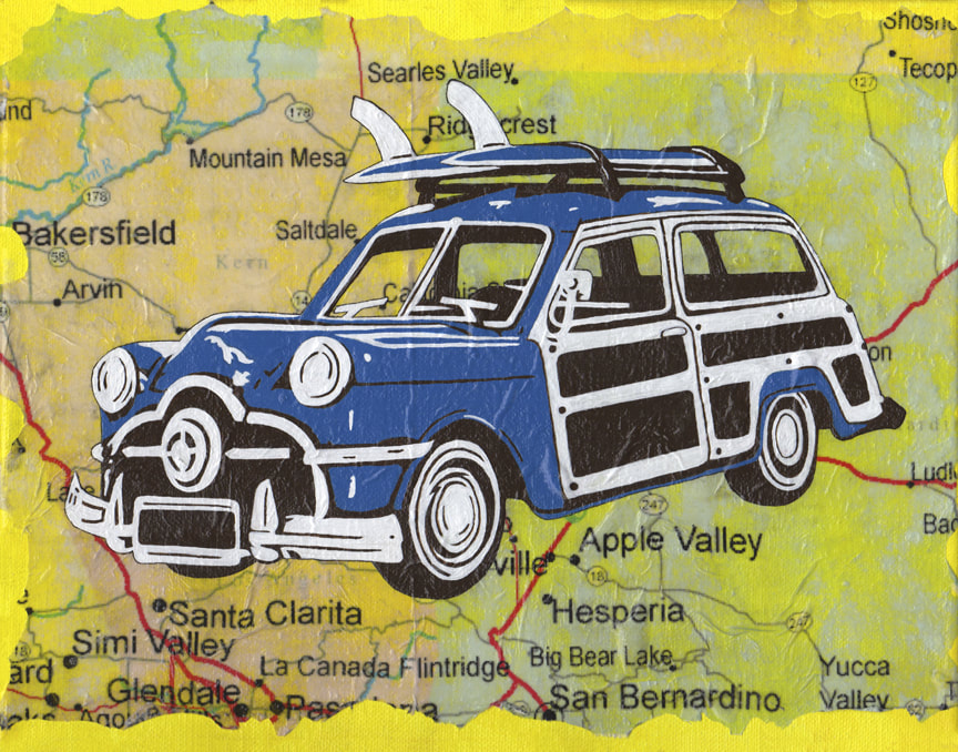 Mixed media painting of a blue, brown, and white woody car on a yellow map of California by Kim Wagner Nolan