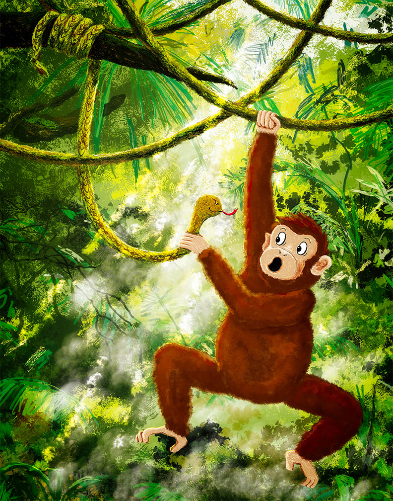 narrative picture book illustration of a chimpanzee swinging on a vine in the jungle and accidentally grabbing onto a giant snake.